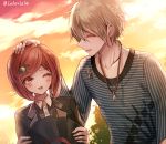  1boy 1girl @ amami_rantarou artist_name black_jacket blurry blurry_background blush bob_cut brown_eyes closed_eyes collarbone dangan_ronpa day ear_piercing eyebrows_visible_through_hair hair_ornament hairclip hat hat_removed headwear_removed holding holding_hat jacket jewelry looking_at_another necklace new_dangan_ronpa_v3 one_eye_closed open_mouth outdoors piercing redhead school_uniform short_hair striped upper_body witch_hat yumeno_himiko z-epto_(chat-noir86) 