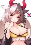  1girl animal_ears bangs bare_shoulders black_hair blush breasts brown_background chiroru_(cheese-roll) cleavage clenched_hand collarbone commentary cow_ears cow_horns crop_top eyebrows_visible_through_hair hands_up haori head_tilt heart horns japanese_clothes large_breasts long_sleeves looking_at_viewer midriff multicolored_hair off_shoulder red_eyes short_hair silver_hair smile solo spoken_heart sports_bra touhou two-tone_background two-tone_hair upper_body ushizaki_urumi white_background wide_sleeves 