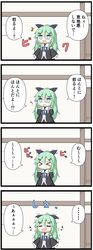  1girl 4koma absurdres bangs black_ribbon black_serafuku black_skirt blue_eyes blue_neckwear comic commentary_request detached_sleeves goma_(yoku_yatta_hou_jane) green_hair hair_between_eyes hair_flaps hair_ornament hair_ribbon hairclip highres kantai_collection long_hair neckerchief parted_bangs pleated_skirt ribbon school_uniform serafuku sidelocks skirt translation_request yamakaze_(kantai_collection) 