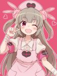  &gt;_&lt; 1girl ;d apron armband bandage bandaged_arm bandages bangs blush brown_hair bunny_hair_ornament collarbone collared_shirt commentary_request ddak5843 eyebrows_visible_through_hair fang hair_ornament hand_up hat heart long_hair looking_at_viewer natori_sana nurse_cap one_eye_closed open_mouth pink_apron pink_headwear puffy_short_sleeves puffy_sleeves red_background red_eyes sana_channel shirt short_sleeves simple_background smile solo two_side_up v very_long_hair virtual_youtuber white_shirt 