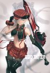  absurdres alisa_ilinichina_amiella black_footwear black_serafuku blue_eyes boots breasts cabbie_hat elbow_gloves fingerless_gloves gloves god_eater god_eater_2:_rage_burst god_eater_burst hat highres huge_weapon koog large_breasts pantyhose plaid plaid_skirt school_uniform serafuku short_hair silver_hair skirt suspender_skirt suspenders thigh-highs thigh_boots under_boob weapon 