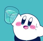  amedama_(akaki_4207) aqua_background blue_eyes blush cup hal_laboratory_inc. holding holding_cup hoshi_no_kirby kirby kirby_(series) liquid looking_at_viewer nintendo no_humans open_mouth pink_puff_ball simple_background smile sweatdrop 