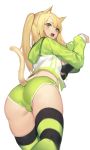  1girl absurdres animal_ears ass blonde_hair boyshorts breasts cat_ears cat_tail from_behind from_below front-tie_top green_eyes highres hood hooded_jacket hoodie jacket jam_(nandade) korean_commentary large_breasts long_hair one_side_up open_clothes open_jacket open_mouth original paw_pose sidelocks simple_background solo striped striped_legwear tail thigh-highs trefoil under_boob white_background 
