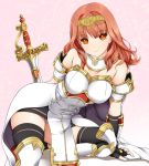  1girl armored_boots ashita_yaru bare_shoulders black_gloves black_legwear boots breasts cape celica_(fire_emblem) detached_collar dress eyebrows_visible_through_hair fingerless_gloves fire_emblem fire_emblem_echoes:_mou_hitori_no_eiyuuou gloves looking_at_viewer medium_breasts medium_hair nintendo orange_eyes orange_hair panties pantyshot patterned_background pelvic_curtain pink_background sleeveless smile solo sword thigh-highs thighhighs_under_boots thighs tiara underwear weapon white_dress white_footwear white_panties 