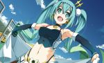  1girl aqua_eyes aqua_hair bare_shoulders breasts hatsune_miku jewelry long_hair looking_at_viewer medium_breasts navel necklace open_mouth outdoors racing_miku shikei smile solo twintails vocaloid 