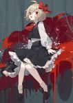  1girl :d ahoge ascot bangs black_footwear black_skirt black_vest blonde_hair blush bow commentary_request flower full_body grey_background hair_between_eyes highres loafers long_sleeves looking_at_viewer open_mouth puffy_sleeves red_bow red_eyes red_flower red_neckwear rumia sh_(562835932) shirt shoes simple_background sitting skirt skirt_set smile socks solo touhou vest white_legwear white_shirt 