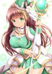  1girl bangs blush breasts brown_hair closed_mouth commentary_request cowboy_shot eyebrows_visible_through_hair flower gochuumon_wa_usagi_desu_ka? green_eyes green_headwear green_shirt green_skirt highres holding holding_staff juliet_sleeves kirara_fantasia large_breasts long_hair long_sleeves pleated_skirt puffy_sleeves shirt skirt smile solo staff tilted_headwear ujimatsu_chiya very_long_hair white_flower zenon_(for_achieve) 