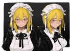  2girls apron blonde_hair blush breasts brown_eyes character_request copyright_request dated freng glasses highres looking_at_viewer maid maid_apron maid_headdress medium_breasts multiple_girls over-rim_eyewear semi-rimless_eyewear short_hair white_apron 