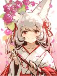  1girl animal_ear_fluff animal_ears bangs blush closed_mouth collarbone eyebrows_visible_through_hair flower fox_ears hair_ribbon hands_up holding japanese_clothes kimono long_hair long_sleeves looking_at_viewer original patches purple_flower purple_rose red_eyes red_ribbon ribbon rose silver_hair sketch smile solo upper_body white_kimono wide_sleeves yuuji_(yukimimi) 