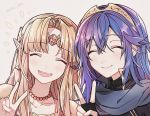  2girls armor artist_request blonde_hair blue_hair blush cape cute dress fingerless_gloves fire_emblem fire_emblem:_kakusei gloves hair_between_eyes intelligent_systems long_hair looking_at_viewer lucina moe multiple_girls nintendo nintendo_ead open_mouth pointy_ears princess_zelda simple_background smile super_smash_bros. super_smash_bros._ultimate the_legend_of_zelda the_legend_of_zelda:_a_link_between_worlds tiara v 