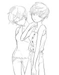 alternate_costume bangs blunt_bangs contemporary dual_persona earrings highres houseki_no_kuni humanization jewelry lineart looking_at_viewer monochrome multiple_persona pants phosphophyllite phosphophyllite_(ll) short_hair sketch skirt sleeveless smile sone_(sazikiri0302) spoilers tank_top