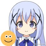  1girl bangs blue_bow blue_eyes blue_hair blue_vest blush_stickers bow closed_mouth collared_shirt emoji eyebrows_visible_through_hair gochuumon_wa_usagi_desu_ka? hair_between_eyes hair_ornament kafuu_chino long_hair looking_at_viewer lowres miicha portrait rabbit_house_uniform shirt smile solo transparent_background twitter_username uniform upper_body vest waitress white_shirt x_hair_ornament 