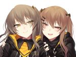  2girls :d bangs blush brown_hair eyebrows_visible_through_hair fingerless_gloves girls_frontline gloves hair_between_eyes hair_ornament half-closed_eyes highres hood hood_down hooded_jacket jacket kyo long_hair looking_at_viewer multiple_girls one_side_up open_clothes open_jacket open_mouth red_eyes scar scar_across_eye scarf shirt sidelocks simple_background smile ump45_(girls_frontline) ump9_(girls_frontline) upper_body white_background white_shirt yellow_eyes 