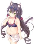  1girl animal_ear_fluff animal_ears bangs bare_arms bare_shoulders bikini black_bikini blush bow brown_hair cat_ears cat_girl cat_tail collarbone commentary_request eyebrows_visible_through_hair eyewear_on_head fingernails green_eyes hair_between_eyes hair_bow hand_up highres kyaru_(princess_connect) long_hair low_twintails mizutan64 multicolored_hair navel open_clothes open_fly open_shorts princess_connect! princess_connect!_re:dive red_bow short_shorts shorts simple_background solo streaked_hair sunglasses swimsuit tail twintails twitter_username very_long_hair white_background white_hair white_shorts 