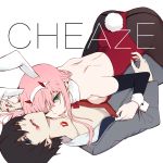  1boy 1girl animal_ears back bite_mark biting black_hair blood blood_on_face blue_eyes bunny_girl bunny_tail bunnysuit chenaze57 darling_in_the_franxx english_text fang green_eyes hair_between_eyes hairband hand_holding highres hiro_(darling_in_the_franxx) holding long_hair lying nail_polish neck_biting on_back one_eye_closed pink_hair rabbit_ears red_nails shoulder_blades simple_background tail tight tongue tongue_out undressing white_background zero_two_(darling_in_the_franxx) zero_two_(kirby) zipper_pull_tab 