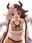  1girl animal_ears animal_print artist_name bangs bare_shoulders black_ribbon blush brown_hair collarbone commentary_request cow_ears cow_horns cow_print crop_top eyebrows_visible_through_hair grey_hair haori highres horns japanese_clothes long_sleeves looking_at_viewer midriff multicolored_hair navel open_clothes open_mouth red_eyes ribbon short_hair signature simple_background skirt skirt_set smile snozaki solo sports_bra stomach touhou two-tone_hair upper_body ushizaki_urumi white_background wide_sleeves yellow_skirt younger 