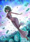  1girl adsouto armpits artist_name blush breasts casual closed_mouth collarbone curly_hair floating full_body glowing glowing_eyes green_eyes green_hair high_heels highres midriff navel one-punch_man pants short_hair sleeveless small_breasts smile solo tatsumaki telekinesis 