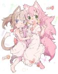  2girls :3 :d animal_ear_fluff animal_ears bangs bare_arms bare_shoulders barefoot blue_eyes blush blush_stickers brown_hair cat_ears cat_girl cat_tail closed_mouth commentary_request dress eyebrows_visible_through_hair fang fang_out green_eyes hair_between_eyes hair_bobbles hair_ornament highres hirayuki_rio long_hair multiple_girls nose_blush open_mouth original pink_dress pink_footwear pink_hair puffy_short_sleeves puffy_sleeves shoes short_sleeves sidelocks sleeveless sleeveless_dress smile tail twintails very_long_hair wolf_ears wolf_girl wolf_tail 