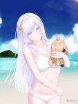  1girl anastasia_(fate/grand_order) artist_name beach bikini blue_eyes blush breasts cleavage clouds commentary doll earrings english_commentary fate/grand_order fate_(series) hairband head_tilt highres holding holding_doll jewelry long_hair looking_at_viewer lumos_(noblese96) medium_breasts ocean silver_hair sky smile solo swimsuit white_bikini 