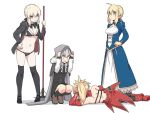  4girls ahoge arm_support artoria_pendragon_(all) artoria_pendragon_(swimsuit_rider_alter) bikini black_bikini blonde_hair braid breasts cleavage fate/grand_order fate_(series) french_braid gray_(lord_el-melloi_ii) groin hand_on_hip hood jacket lord_el-melloi_ii_case_files lying maid_bikini medium_breasts mop mordred_(fate)_(all) multiple_girls on_side reasts saber shiseki_hirame squatting swimsuit white_background 