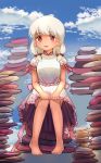  1girl absurdres barefoot blue_sky blurry breasts clouds commentary_request dark_skin day depth_of_field earlobes ebisu_eika eyebrows_visible_through_hair frilled_skirt frills hair_ribbon highres knees_together_feet_apart looking_at_viewer low_twintails making-of_available medium_hair open_mouth outdoors pink_ribbon puffy_short_sleeves puffy_sleeves red_eyes ribbon rock shirt short_sleeves sitting_on_rock skirt skirt_hold skirt_set sky sly930105 small_breasts toenails touhou twintails white_hair white_shirt white_skirt 