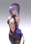  1girl backless_outfit bare_shoulders belt black_gloves black_hairband black_leotard blue_flower breasts center_opening cleavage commentary_request dark_skin eyebrows_visible_through_hair fate/grand_order fate/prototype fate/prototype:_fragments_of_blue_and_silver fate_(series) fingerless_gloves flower gloves grey_background hairband hassan_of_serenity_(fate) large_breasts leggings leotard maekawa_yuichi navel purple_hair short_hair smile solo star starry_background violet_eyes 