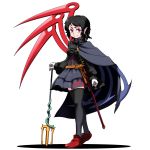  1girl asymmetrical_wings black_cape black_dress black_hair black_legwear black_neckwear cape commentary_request dress full_body gloves highres houjuu_nue kikoka_(mizuumi) looking_at_viewer pointy_ears polearm red_eyes short_hair simple_background smile snake solo standing thigh-highs touhou trident weapon white_background white_gloves wings zettai_ryouiki 