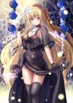  1girl bangs black_bow black_capelet black_dress black_gloves black_legwear black_ribbon blonde_hair blue_eyes blue_flower blue_rose blush bow breasts capelet cleavage closed_mouth collarbone commentary_request dress eyebrows_visible_through_hair fate/grand_order fate_(series) flower gloves hair_between_eyes hair_flower hair_ornament hand_up highres jeanne_d&#039;arc_(fate) jeanne_d&#039;arc_(fate)_(all) long_hair medium_breasts ribbon rose see-through sleeveless sleeveless_dress smile solo standing thigh-highs toshi_(1-147) very_long_hair white_flower 