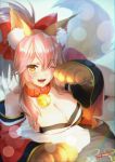  1girl absurdres animal_ear_fluff animal_ears bare_shoulders bell blush bow breasts brown_eyes chama_kou cleavage collar commentary_request detached_sleeves eyebrows_visible_through_hair fang fate/grand_order fate_(series) fox_ears fox_tail gloves hair_between_eyes hair_bow highres jingle_bell large_breasts looking_at_viewer lying on_side one_eye_closed open_mouth paw_gloves paws pink_hair ponytail red_bow revision short_hair signature smile solo tail tamamo_(fate)_(all) tamamo_cat_(fate) teeth 