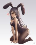 1girl animal_ears bare_arms bare_shoulders black_hair black_legwear black_leotard black_neckwear bow bowtie breasts bunnysuit cleavage commentary_request detached_collar hair_ornament hairclip heart highres kneeling large_breasts leotard long_hair looking_at_viewer pantyhose rabbit_ears red_heart sakurajima_mai seishun_buta_yarou smile_(dcvu7884) smiley_face solo strapless strapless_leotard violet_eyes wrist_cuffs 