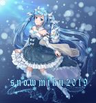  1girl 2019 backless_dress backless_outfit blue_background blue_eyes blue_footwear blue_hair character_name detached_collar detached_sleeves dress eyebrows_visible_through_hair floating_hair full_body hair_ornament hatsune_miku high_heels highres hiroshi_taeru_qwq layered_skirt lens_flare long_hair long_sleeves looking_at_viewer pleated_skirt pumps shiny shiny_hair skirt sleeveless sleeveless_dress smile snowflake_hair_ornament solo striped striped_dress striped_sleeves thigh-highs twintails very_long_hair vocaloid white_background white_legwear white_sleeves yuki_miku 