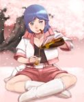  1girl alcohol beer blue_eyes blue_hair breasts cherry_blossoms cleavage commentary_request copyright_request cup lafolie medium_breasts oldschool short_hair sitting smile solo tree 