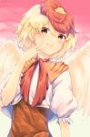  1girl :d animal animal_on_head bangs bird blonde_hair blush chick commentary_request dated feathered_wings gradient_sky hair_between_eyes hand_up highres kisamu_(ksmz) looking_at_viewer multicolored_hair neck_ribbon niwatari_kutaka on_head open_mouth orange_eyes pink_sky puffy_short_sleeves puffy_sleeves red_neckwear redhead ribbon shirt short_hair short_sleeves sky smile solo touhou two-tone_hair upper_body white_shirt wings yellow_wings 