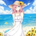  1girl bangs bare_shoulders beach blue_eyes blue_sky blush breasts brown_headwear choker closed_mouth clouds cloudy_sky collarbone commentary day dress english_commentary eyebrows_visible_through_hair eyes_visible_through_hair flower go-toubun_no_hanayome hair_between_eyes hat hat_flower head_tilt horizon long_hair medium_breasts nakano_miku ocean outdoors pink_hair rocm_(nkkf3785) sand sky sleeveless sleeveless_dress smile solo standing straw_hat sunflower water white_choker white_dress yellow_flower 