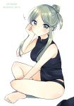  1girl 2019 bangs black_pants black_shirt blush breasts character_request collared_shirt dated eyebrows_visible_through_hair frown green_eyes green_hair highres indian_style looking_at_viewer medium_breasts ougi_hina pants parted_bangs shiny shiny_hair shiny_skin shirt short_hair_with_long_locks simple_background sitting sleeveless sleeveless_shirt solo sweatdrop tied_hair twitter_username white_background 