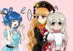  3girls belt blonde_hair blue_dress blue_hair blush breasts brown_eyes chinese_clothes cleavage closed_eyes collar commentary dark_skin dress earlobes ebisu_eika flying_sweatdrops frilled_collar frills hair_ornament hair_rings hair_stick hands_up hat junko_(touhou) kaku_seiga long_hair long_sleeves looking_at_another multiple_girls myouga_teien nail_polish open_mouth orange_hair pink_background polka_dot puffy_short_sleeves puffy_sleeves red_eyes red_nails shawl shirt short_hair short_sleeves simple_background standing sweatdrop tabard touhou upper_body very_long_hair vest wavy_hair white_shirt wide_sleeves 