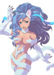  1girl animal_ears big_hair blue_eyes blue_hair breasts cat_ears cat_tail claws commentary_request fangs felicia fur highres long_hair looking_at_viewer navel o_sho open_mouth paws simple_background smile solo tail vampire_(game) white_background 