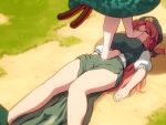  2girls ^_^ bangs bare_legs barefoot beret bow braid breasts cat_tail closed_eyes closed_eyes commentary dress eyebrows_visible_through_hair feet_out_of_frame grass green_bow green_dress green_headwear green_skirt green_vest hair_bow hat hong_meiling kaenbyou_rin large_breasts lying multiple_girls multiple_tails on_back outdoors pelvic_curtain puffy_short_sleeves puffy_sleeves redhead shadow shirosato shirt short_sleeves side_slit skirt skirt_set star stepped_on tail thighs touhou twin_braids two_tails vest walking white_shirt 
