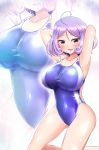  1girl blue_swimsuit breasts collarbone commentary_request competition_swimsuit covered_navel embarrassed highres kagitsume kneeling large_breasts looking_at_viewer mikado_momo one-piece_swimsuit purple_hair red_eyes short_hair solo swimsuit virtual_youtuber youtube zoom_layer 