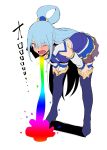  1girl aqua_(konosuba) bare_shoulders bent_over blue_eyes blue_footwear blue_hair blue_legwear blue_shirt blue_skirt blush boots detached_sleeves eyebrows_visible_through_hair hair_ornament hair_rings hands_on_own_knees highres jikatarou kono_subarashii_sekai_ni_shukufuku_wo! leaning_forward long_hair one_eye_closed open_mouth rainbow shirt simple_background skirt smile solo thigh-highs thigh_boots vomit white_background x_hair_ornament 