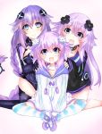  :d absurdres adult_neptune bimmy black_choker blush braid choker d-pad d-pad_hair_ornament full_body hair_between_eyes hair_ornament highres hood hooded_jacket jacket kneeling knees_apart_feet_together leotard long_hair looking_at_viewer medium_hair multiple_persona neptune_(neptune_series) neptune_(series) open_mouth power_symbol purple_hair purple_heart shin_jigen_game_neptune_vii simple_background sitting smile striped striped_legwear symbol-shaped_pupils thigh-highs twin_braids twintails very_long_hair violet_eyes white_choker 