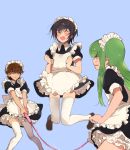  1girl 2boys alternate_costume apron black_hair black_shirt black_skirt blue_background brown_eyes brown_hair c.c. closed_eyes code_geass enmaided frilled_apron frills green_eyes green_hair jumping kururugi_suzaku layered_skirt legs_up lelouch_lamperouge long_hair maid miniskirt multiple_boys open_mouth shirt short_sleeves simple_background skirt sumi_otto sweatdrop thigh-highs very_long_hair white_apron white_legwear zettai_ryouiki 