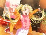 1girl bang_dream! blonde_hair blush dress long_hair looking_at_viewer official_art open_mouth orange_jacket plant poster_(object) smile sneakers solo sparkle table tsurumaki_kokoro yellow_eyes