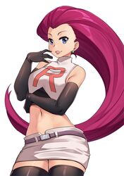  1girl bare_shoulders belt big_hair blue_eyes breasts cowboy_shot creatures_(company) ear earrings elbow_gloves game_freak gloves hair_slicked_back highres iwbitu-sa jewelry lips long_hair looking_at_viewer midriff miniskirt musashi_(pokemon) navel nintendo pokemon pokemon_(anime) pokemon_(classic_anime) redhead simple_background skirt smile solo standing stomach team_rocket team_rocket_uniform thigh-highs very_long_hair white_background 