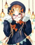  1girl abigail_williams_(fate/grand_order) bangs black_bow black_dress black_headwear blonde_hair blue_eyes blush bow dress fate/grand_order fate_(series) forehead glasses hair_bow happiness_lilys lamp long_hair looking_at_viewer open_mouth orange_bow parted_bangs red-framed_eyewear ribbed_dress solo very_long_hair white_background 