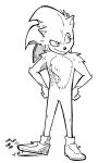  1boy absurdres closed_mouth full_body fur greyscale hailey_lain hedgehog highres looking_to_the_side monochrome personification simple_background sketch smile snout solo sonic sonic_the_hedgehog sonic_the_hedgehog_(movie) standing white_background 