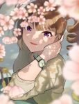  1girl blurry blurry_foreground brown_hair cherry_blossoms commentary dappled_sunlight depth_of_field grey_shirt hair_tie half-closed_eyes hand_in_own_hair idolmaster idolmaster_million_live! kamille_(vcx68) long_hair long_sleeves looking_at_viewer medium_hair parted_lips shirt side_ponytail smile solo sunlight tree_shade violet_eyes watch watch yokoyama_nao 