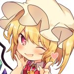  1girl ;d artist_name ascot bangs blonde_hair blush brooch chibi commentary_request crystal eyebrows_visible_through_hair fang flandre_scarlet hands_up hat heart index_finger_raised jewelry long_hair looking_at_viewer mob_cap nenobi_(nenorium) one_eye_closed one_side_up open_mouth puffy_short_sleeves puffy_sleeves red_eyes red_vest shirt short_sleeves simple_background skin_fang smile solo touhou twitter_username upper_body vest white_background white_headwear white_shirt wings yellow_neckwear 