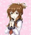  1girl :d anchor_symbol black_sailor_collar blush brown_eyes brown_hair eyebrows_visible_through_hair fingers_together folded_ponytail highres inazuma_(kantai_collection) kantai_collection long_hair long_sleeves neckerchief open_mouth patterned_background pink_background red_neckwear reiwa sailor_collar school_uniform serafuku shirt smile solo tk8d32 upper_body white_shirt 