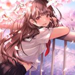  1girl :d black_sailor_collar black_skirt blush breasts brown_hair cherry_blossoms commentary_request fingernails flower hand_in_hair hands_up highres leaning_forward leaning_on_rail long_hair looking_at_viewer looking_back medium_breasts nail_polish open_mouth original petals pierorabu pink_flower pink_nails pleated_skirt railing red_eyes red_neckwear sailor_collar school_uniform serafuku shirt short_sleeves skirt smile solo twitter_username very_long_hair white_shirt 